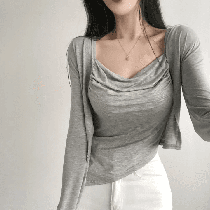 있음 선적 한국 chic 봄 가을 패션 외국 가스 세트 흔들다 칼라 캐미솔 긴팔 오픈 가디건 투피스 세트