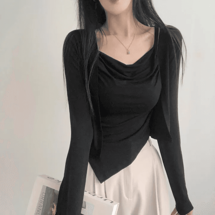있음 선적 한국 chic 봄 가을 패션 외국 가스 세트 흔들다 칼라 캐미솔 긴팔 오픈 가디건 투피스 세트 이미지 2