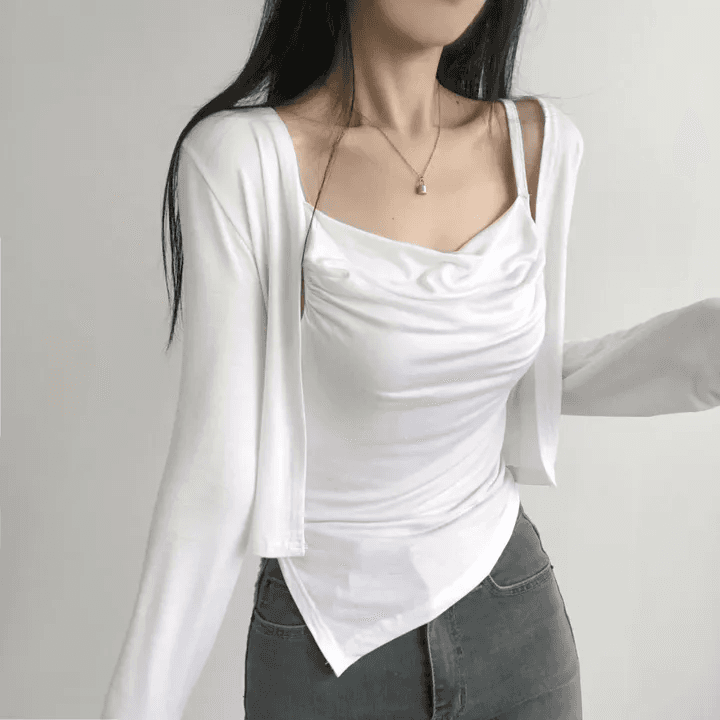 있음 선적 한국 chic 봄 가을 패션 외국 가스 세트 흔들다 칼라 캐미솔 긴팔 오픈 가디건 투피스 세트 이미지 4