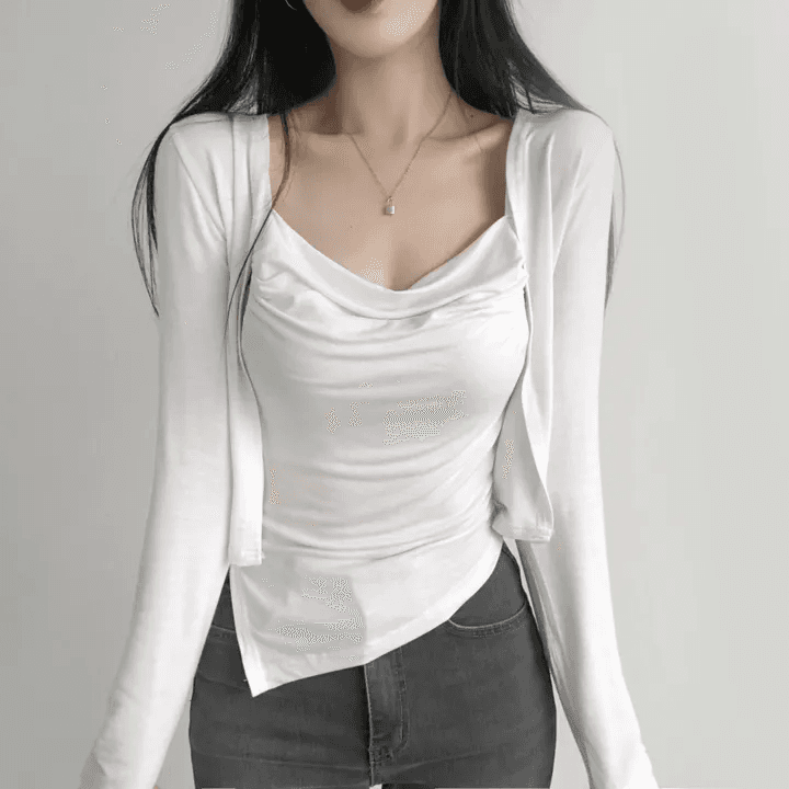 있음 선적 한국 chic 봄 가을 패션 외국 가스 세트 흔들다 칼라 캐미솔 긴팔 오픈 가디건 투피스 세트 상세 이미지 1