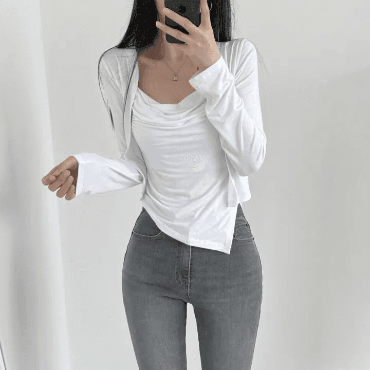 있음 선적 한국 chic 봄 가을 패션 외국 가스 세트 흔들다 칼라 캐미솔 긴팔 오픈 가디건 투피스 세트 상세 이미지 2