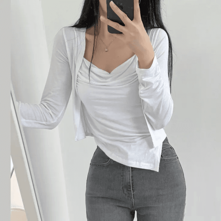 있음 선적 한국 chic 봄 가을 패션 외국 가스 세트 흔들다 칼라 캐미솔 긴팔 오픈 가디건 투피스 세트 상세 이미지 4