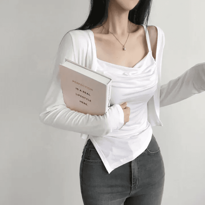 있음 선적 한국 chic 봄 가을 패션 외국 가스 세트 흔들다 칼라 캐미솔 긴팔 오픈 가디건 투피스 세트 상세 이미지 7
