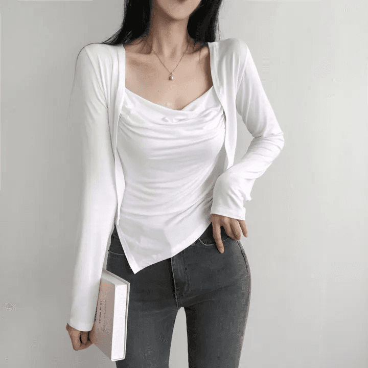 있음 선적 한국 chic 봄 가을 패션 외국 가스 세트 흔들다 칼라 캐미솔 긴팔 오픈 가디건 투피스 세트 상세 이미지 8