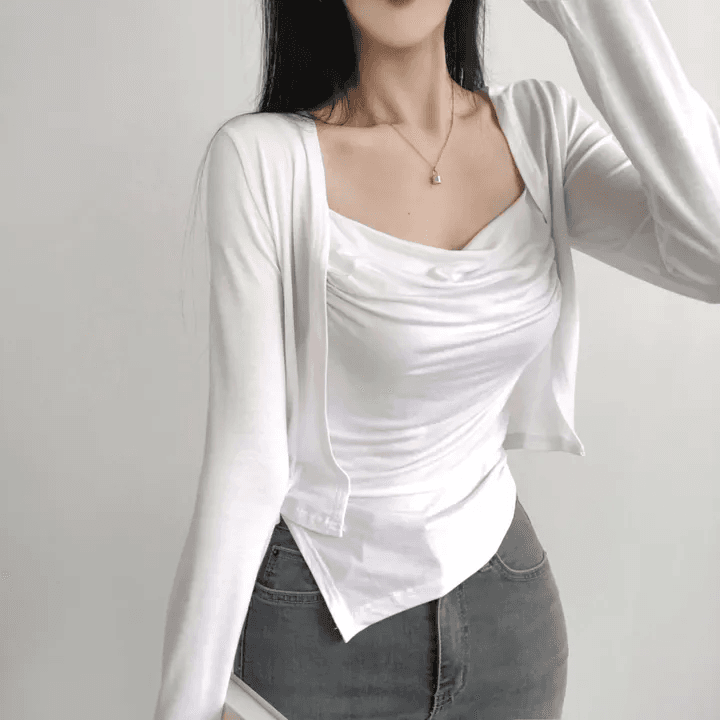 있음 선적 한국 chic 봄 가을 패션 외국 가스 세트 흔들다 칼라 캐미솔 긴팔 오픈 가디건 투피스 세트 상세 이미지 9