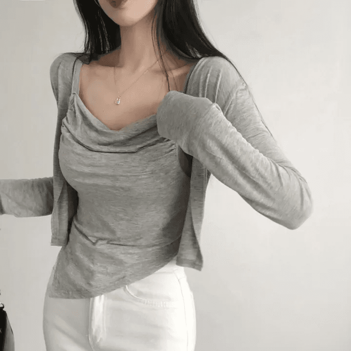 있음 선적 한국 chic 봄 가을 패션 외국 가스 세트 흔들다 칼라 캐미솔 긴팔 오픈 가디건 투피스 세트 상세 이미지 12