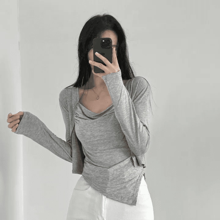 있음 선적 한국 chic 봄 가을 패션 외국 가스 세트 흔들다 칼라 캐미솔 긴팔 오픈 가디건 투피스 세트 상세 이미지 13