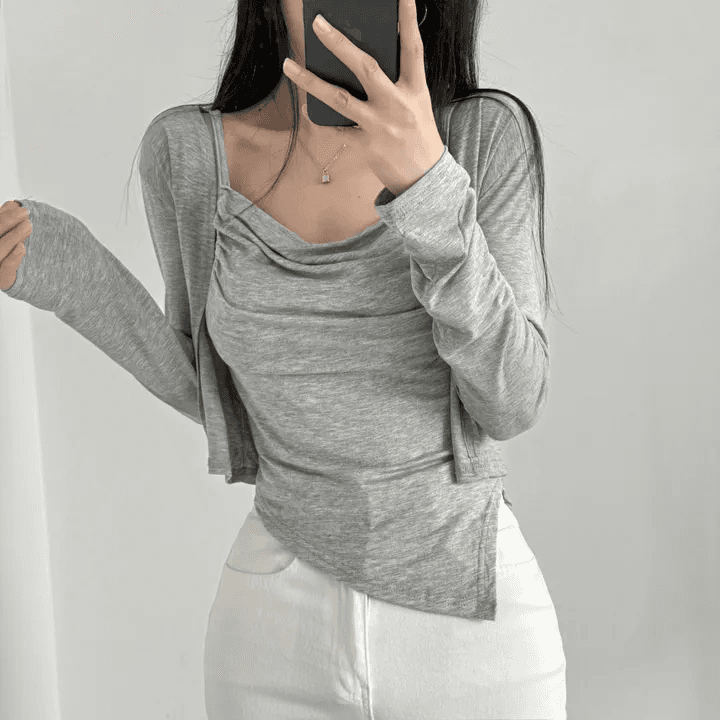 있음 선적 한국 chic 봄 가을 패션 외국 가스 세트 흔들다 칼라 캐미솔 긴팔 오픈 가디건 투피스 세트 상세 이미지 17