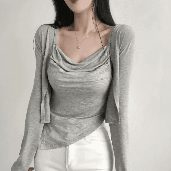 있음 선적 한국 chic 봄 가을 패션 외국 가스 세트 흔들다 칼라 캐미솔 긴팔 오픈 가디건 투피스 세트 상세 이미지 18