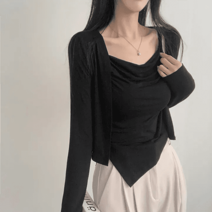 있음 선적 한국 chic 봄 가을 패션 외국 가스 세트 흔들다 칼라 캐미솔 긴팔 오픈 가디건 투피스 세트 상세 이미지 24