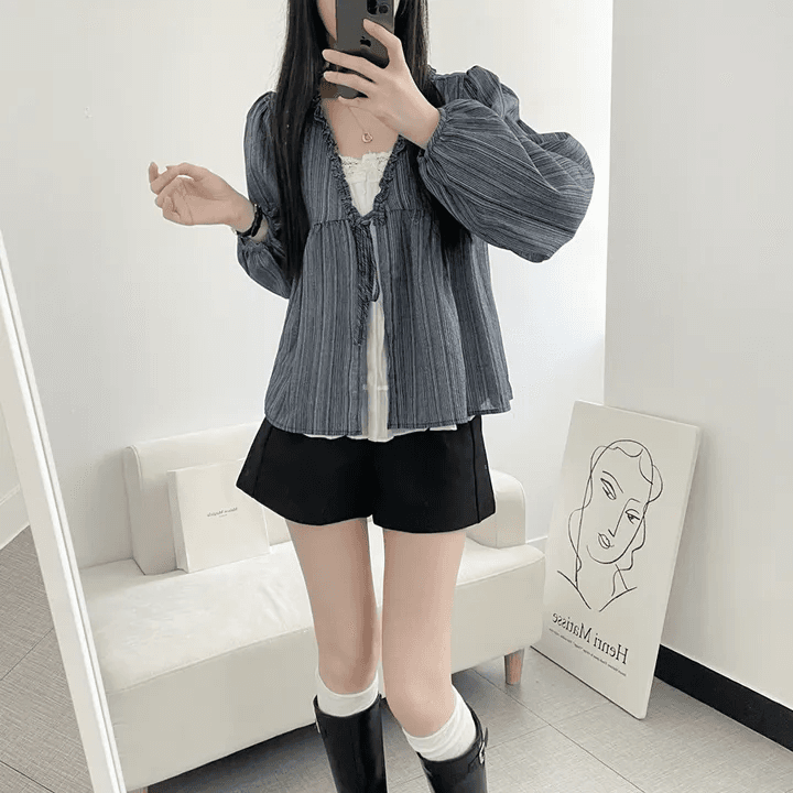 있음 선적 한국 chic 이른 가을 캐주얼 루즈핏 인형 셔츠 페이크 레이어드 레이스 레이스 업 셔츠 맨위 상세 이미지 11