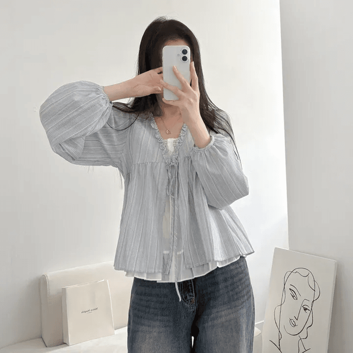 있음 선적 한국 chic 이른 가을 캐주얼 루즈핏 인형 셔츠 페이크 레이어드 레이스 레이스 업 셔츠 맨위 상세 이미지 17