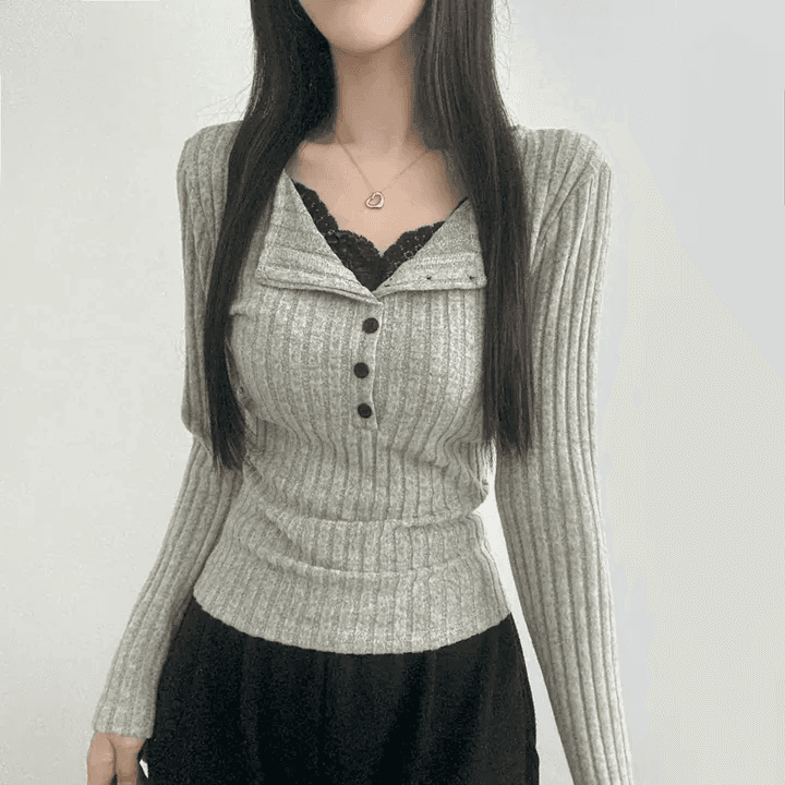 있음 선적 한국 chic 이른 가을 페이크 레이어드 V넥 패치워크 레이스 몸매 가꾸기 슬림해 보이는 긴팔 다용도 맨위 이미지 4