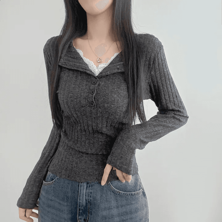 있음 선적 한국 chic 이른 가을 페이크 레이어드 V넥 패치워크 레이스 몸매 가꾸기 슬림해 보이는 긴팔 다용도 맨위 이미지 3