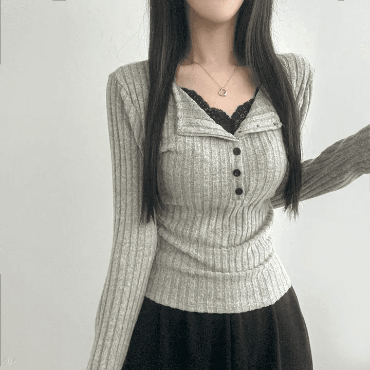 있음 선적 한국 chic 이른 가을 페이크 레이어드 V넥 패치워크 레이스 몸매 가꾸기 슬림해 보이는 긴팔 다용도 맨위