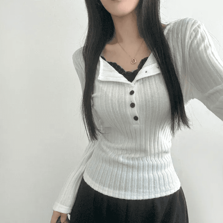 있음 선적 한국 chic 이른 가을 페이크 레이어드 V넥 패치워크 레이스 몸매 가꾸기 슬림해 보이는 긴팔 다용도 맨위 상세 이미지 1