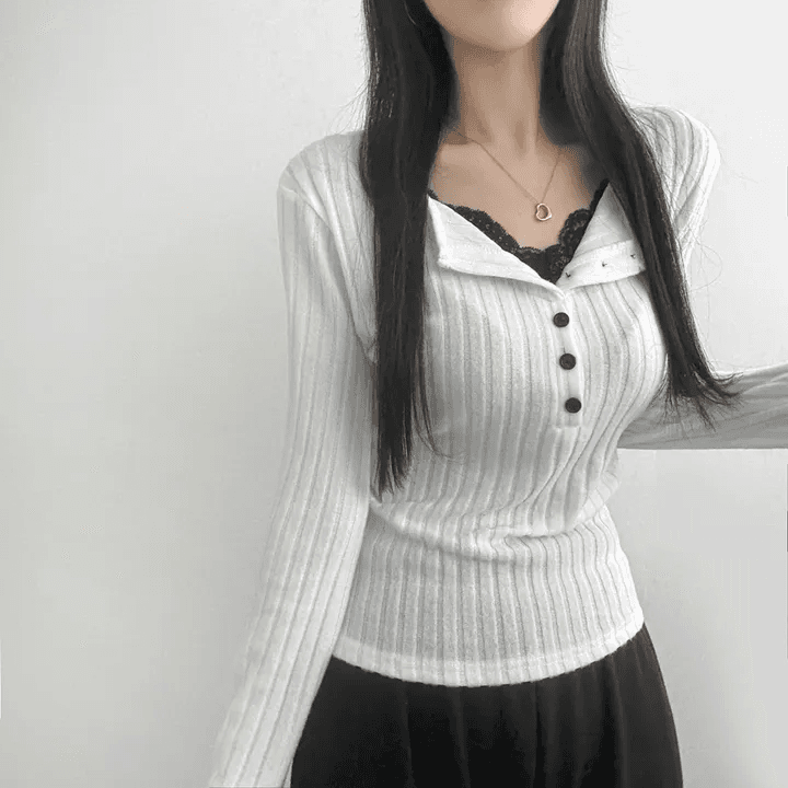 있음 선적 한국 chic 이른 가을 페이크 레이어드 V넥 패치워크 레이스 몸매 가꾸기 슬림해 보이는 긴팔 다용도 맨위 상세 이미지 2
