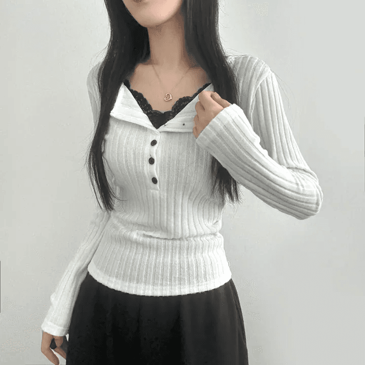 있음 선적 한국 chic 이른 가을 페이크 레이어드 V넥 패치워크 레이스 몸매 가꾸기 슬림해 보이는 긴팔 다용도 맨위 상세 이미지 3