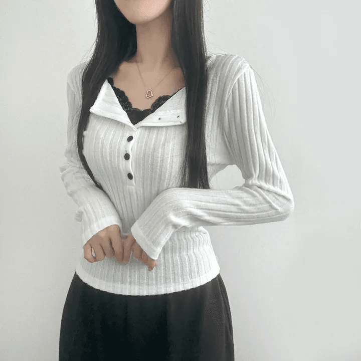 있음 선적 한국 chic 이른 가을 페이크 레이어드 V넥 패치워크 레이스 몸매 가꾸기 슬림해 보이는 긴팔 다용도 맨위 상세 이미지 5