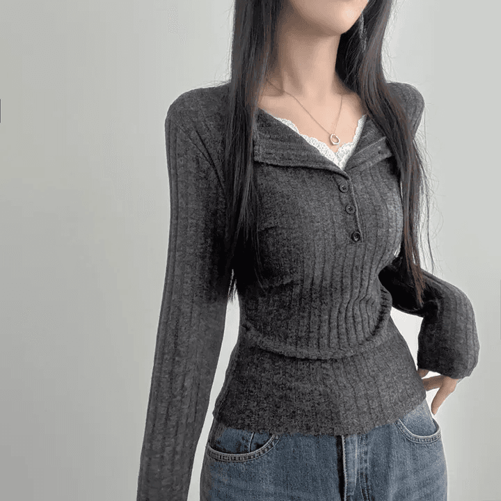 있음 선적 한국 chic 이른 가을 페이크 레이어드 V넥 패치워크 레이스 몸매 가꾸기 슬림해 보이는 긴팔 다용도 맨위 상세 이미지 7