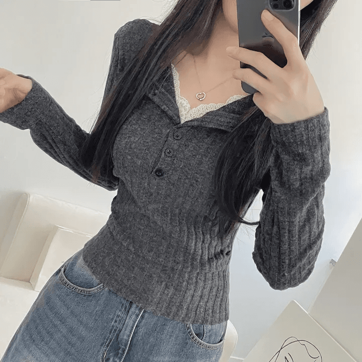 있음 선적 한국 chic 이른 가을 페이크 레이어드 V넥 패치워크 레이스 몸매 가꾸기 슬림해 보이는 긴팔 다용도 맨위 상세 이미지 8