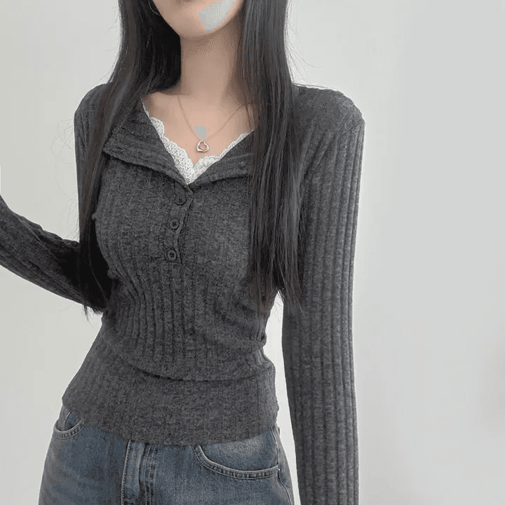 있음 선적 한국 chic 이른 가을 페이크 레이어드 V넥 패치워크 레이스 몸매 가꾸기 슬림해 보이는 긴팔 다용도 맨위 상세 이미지 9
