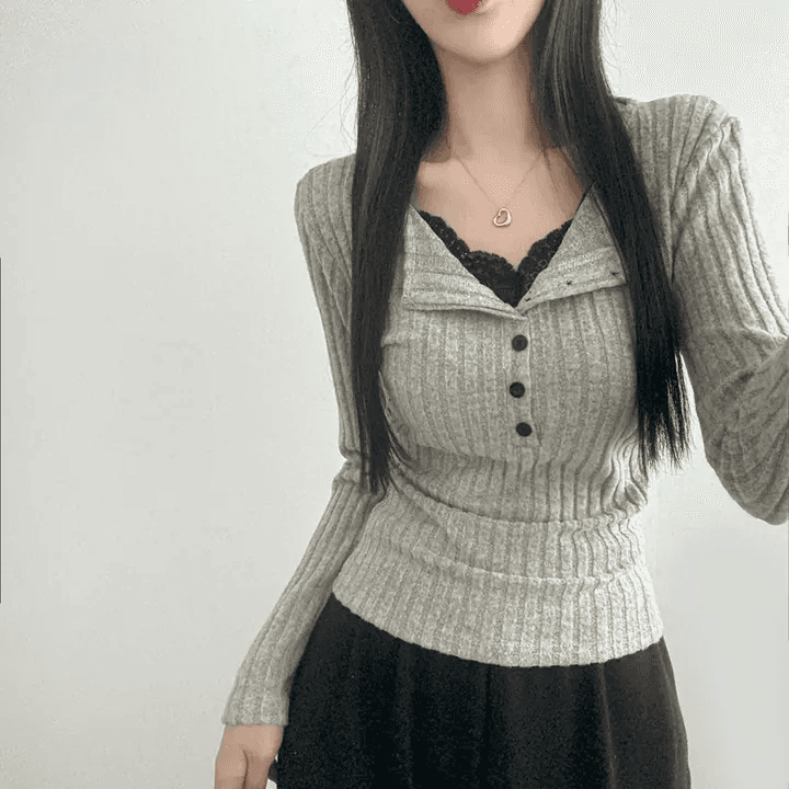 있음 선적 한국 chic 이른 가을 페이크 레이어드 V넥 패치워크 레이스 몸매 가꾸기 슬림해 보이는 긴팔 다용도 맨위 상세 이미지 11
