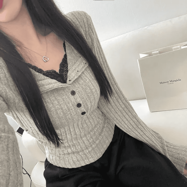있음 선적 한국 chic 이른 가을 페이크 레이어드 V넥 패치워크 레이스 몸매 가꾸기 슬림해 보이는 긴팔 다용도 맨위 상세 이미지 12