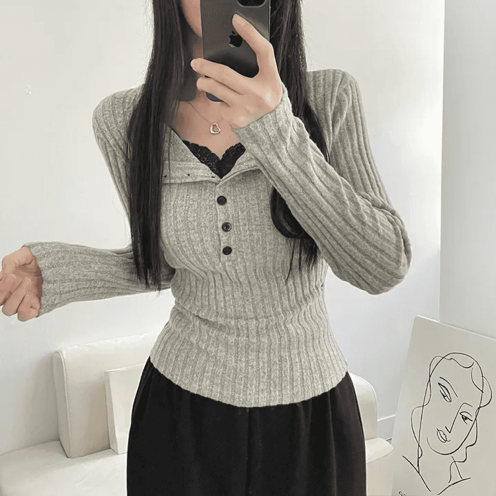 있음 선적 한국 chic 이른 가을 페이크 레이어드 V넥 패치워크 레이스 몸매 가꾸기 슬림해 보이는 긴팔 다용도 맨위 상세 이미지 13