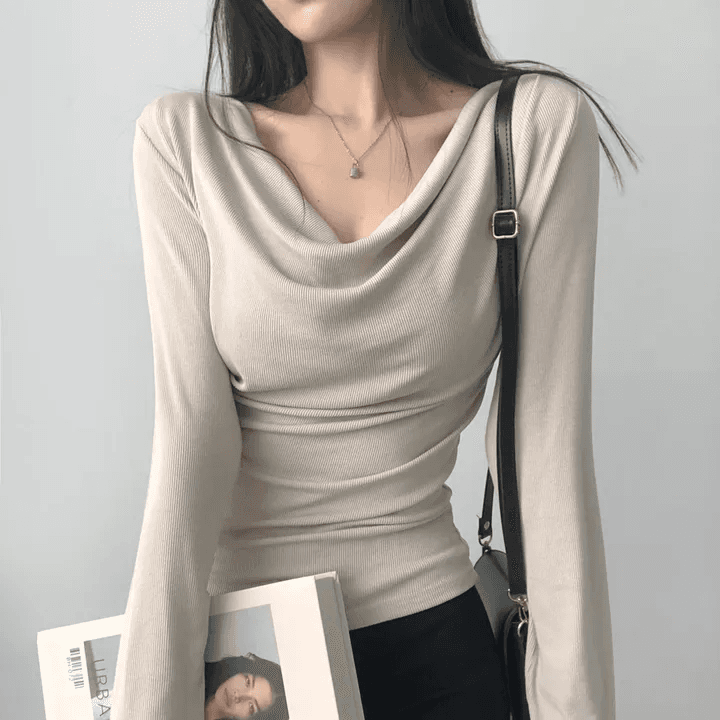 있음 선적 한국 chic 봄 가을 고급 센스 품격 흔들다 칼라 긴팔 디자인 센스 몸매 가꾸기 니트 맨위 상세 이미지 8