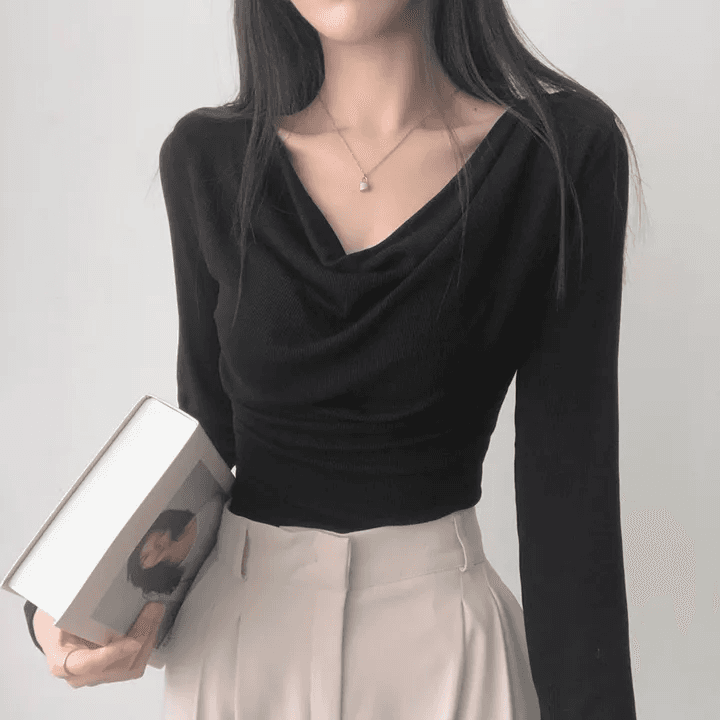 있음 선적 한국 chic 봄 가을 고급 센스 품격 흔들다 칼라 긴팔 디자인 센스 몸매 가꾸기 니트 맨위 상세 이미지 12