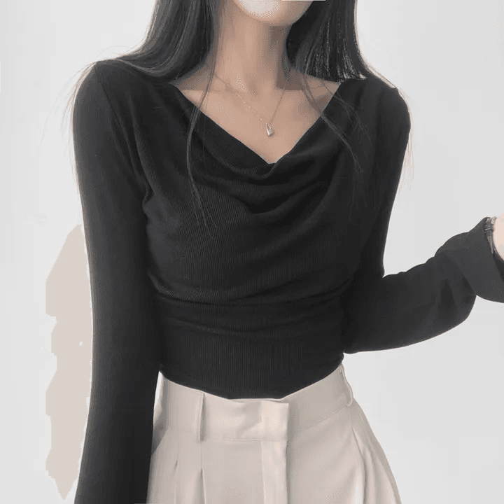 있음 선적 한국 chic 봄 가을 고급 센스 품격 흔들다 칼라 긴팔 디자인 센스 몸매 가꾸기 니트 맨위 상세 이미지 13