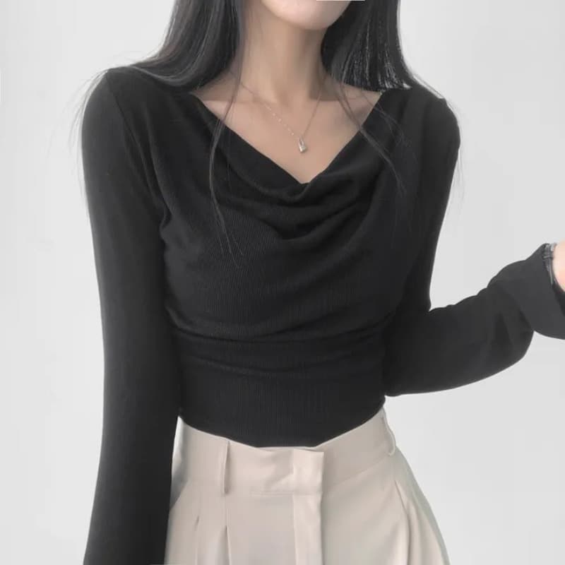 있음 선적 한국 chic 봄 가을 고급 센스 품격 흔들다 칼라 긴팔 디자인 센스 몸매 가꾸기 니트 맨위 이미지 5
