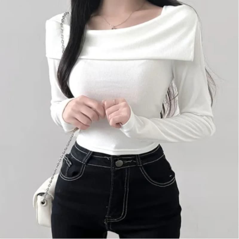있음 선적 한국 chic 가을 긴팔 기본 셔츠 몸매 가꾸기 이슬 쇄골 보트넥 작은 심장 기계 티셔츠 맨위 이미지 5