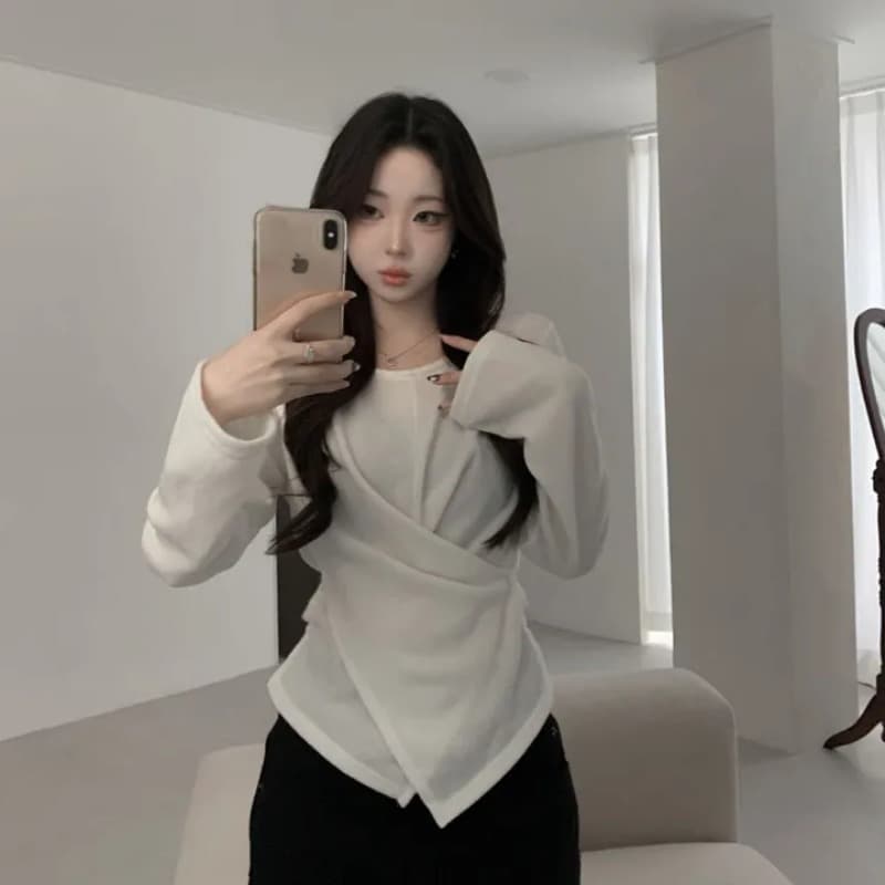 있음 선적 한국 chic 이른 가을 다용도 디자인 센스 십자가 표지 고기 불규칙 얇은 스타일 티셔츠 맨위 이미지 5