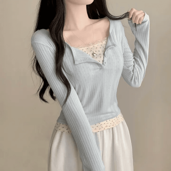 있음 선적 한국 chic 이른 가을 페이크 레이어드 패치워크 레이스 꽃무늬 만나는 몸매 가꾸기 슬림해 보이는 맨위 여성 상세 이미지 3