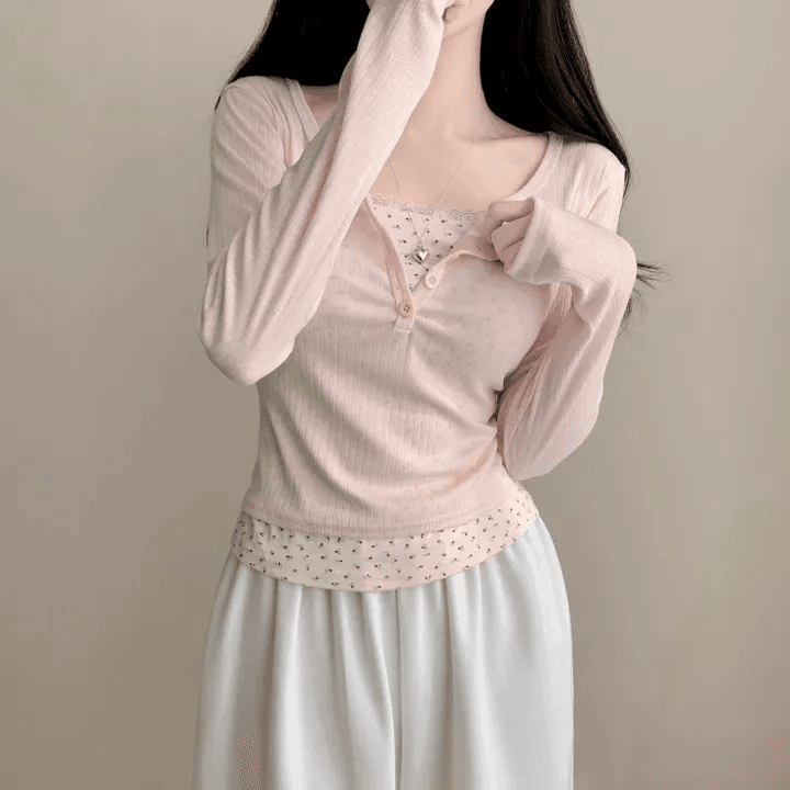 있음 선적 한국 chic 이른 가을 페이크 레이어드 패치워크 레이스 꽃무늬 만나는 몸매 가꾸기 슬림해 보이는 맨위 여성 상세 이미지 12