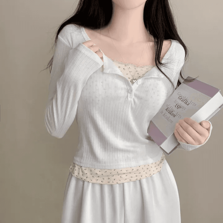 있음 선적 한국 chic 이른 가을 페이크 레이어드 패치워크 레이스 꽃무늬 만나는 몸매 가꾸기 슬림해 보이는 맨위 여성 상세 이미지 13