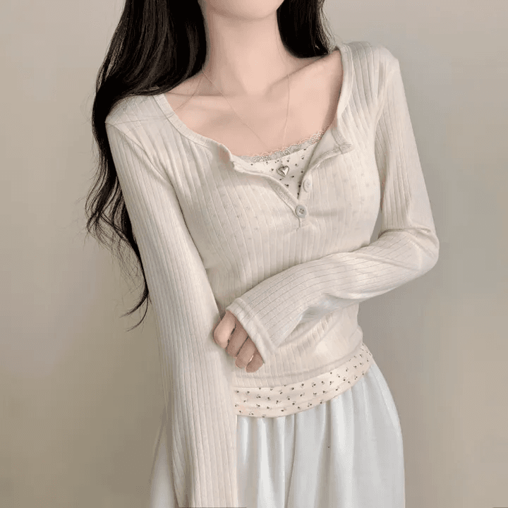 있음 선적 한국 chic 이른 가을 페이크 레이어드 패치워크 레이스 꽃무늬 만나는 몸매 가꾸기 슬림해 보이는 맨위 여성 상세 이미지 15
