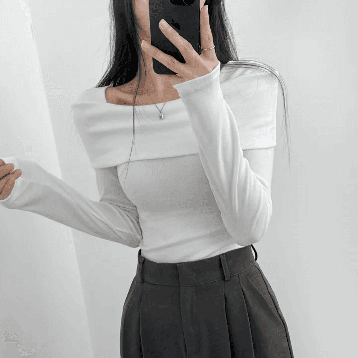 있음 선적 한국 chic 가을 긴팔 기본 셔츠 몸매 가꾸기 이슬 쇄골 보트넥 작은 심장 기계 티셔츠 맨위 상세 이미지 5