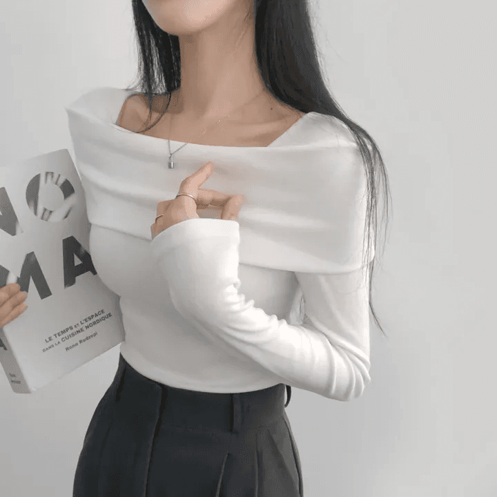 있음 선적 한국 chic 가을 긴팔 기본 셔츠 몸매 가꾸기 이슬 쇄골 보트넥 작은 심장 기계 티셔츠 맨위 상세 이미지 6