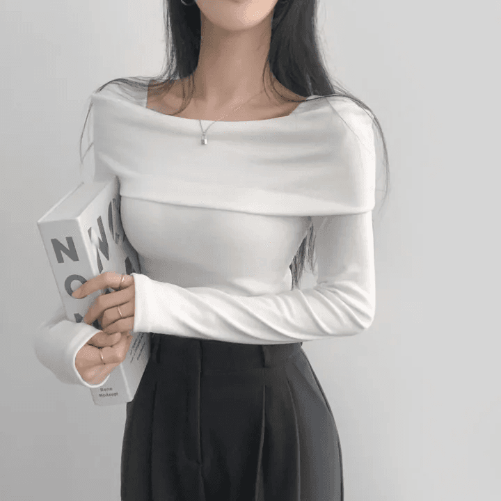 있음 선적 한국 chic 가을 긴팔 기본 셔츠 몸매 가꾸기 이슬 쇄골 보트넥 작은 심장 기계 티셔츠 맨위 상세 이미지 8