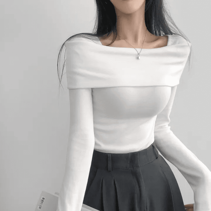 있음 선적 한국 chic 가을 긴팔 기본 셔츠 몸매 가꾸기 이슬 쇄골 보트넥 작은 심장 기계 티셔츠 맨위 상세 이미지 9