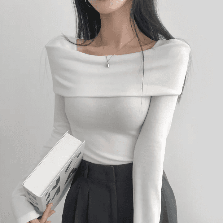 있음 선적 한국 chic 가을 긴팔 기본 셔츠 몸매 가꾸기 이슬 쇄골 보트넥 작은 심장 기계 티셔츠 맨위 상세 이미지 10
