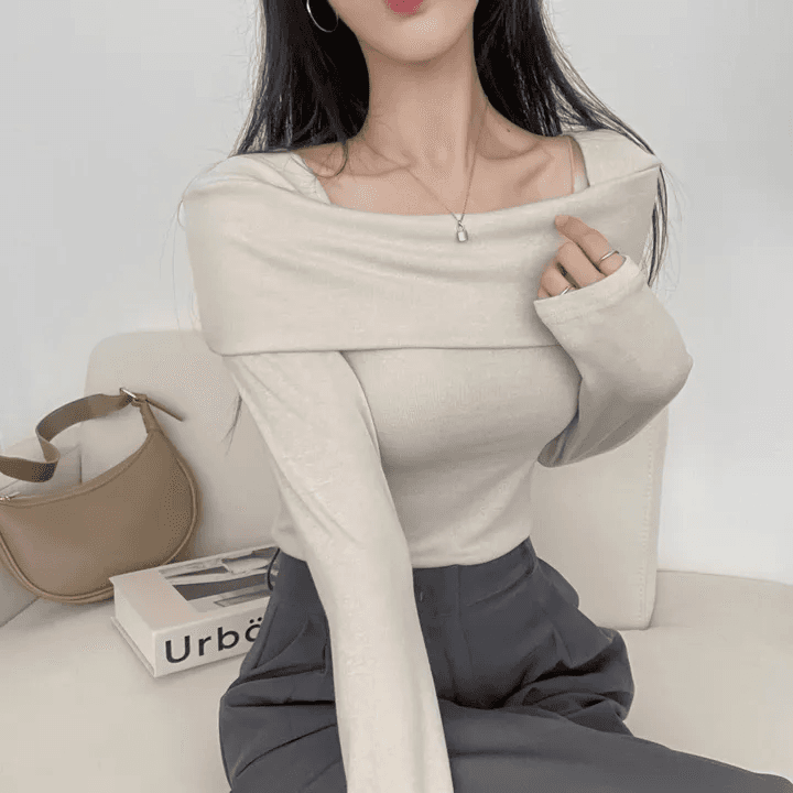 있음 선적 한국 chic 가을 긴팔 기본 셔츠 몸매 가꾸기 이슬 쇄골 보트넥 작은 심장 기계 티셔츠 맨위 상세 이미지 11