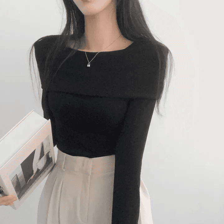 있음 선적 한국 chic 가을 긴팔 기본 셔츠 몸매 가꾸기 이슬 쇄골 보트넥 작은 심장 기계 티셔츠 맨위 상세 이미지 18
