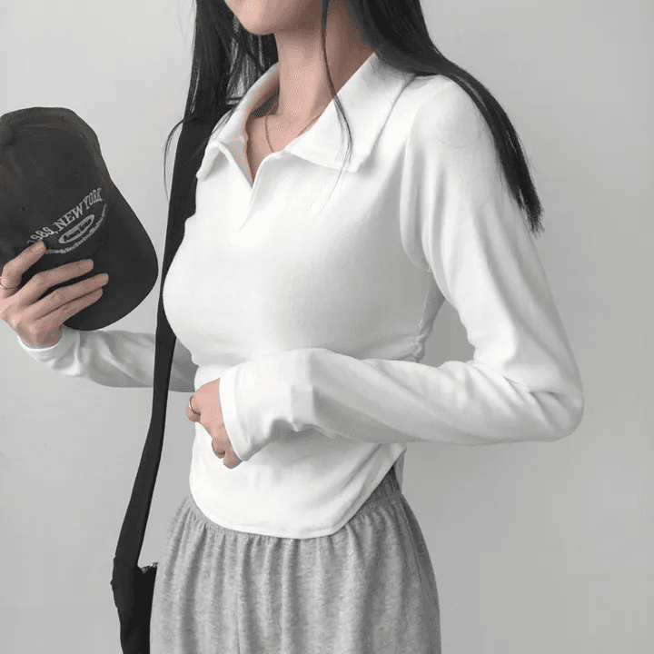 있음 선적 한국 chic 가을 주름 허리 수축 몸매 가꾸기 긴팔 POLO 칼라 티셔츠 맨위 이미지 4