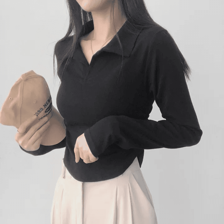 있음 선적 한국 chic 가을 주름 허리 수축 몸매 가꾸기 긴팔 POLO 칼라 티셔츠 맨위 상세 이미지 1