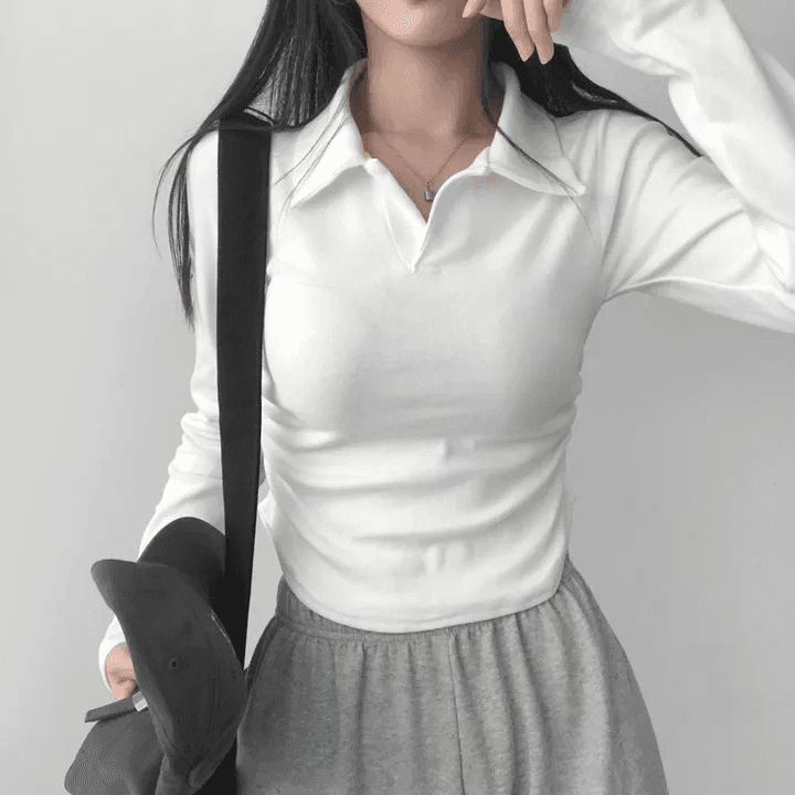 있음 선적 한국 chic 가을 주름 허리 수축 몸매 가꾸기 긴팔 POLO 칼라 티셔츠 맨위 상세 이미지 3