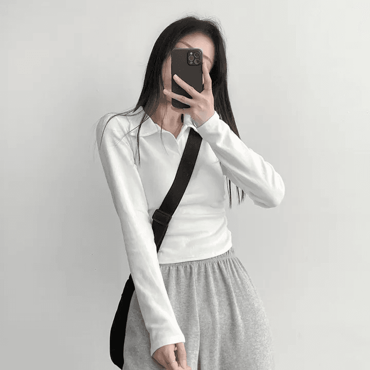 있음 선적 한국 chic 가을 주름 허리 수축 몸매 가꾸기 긴팔 POLO 칼라 티셔츠 맨위 상세 이미지 6